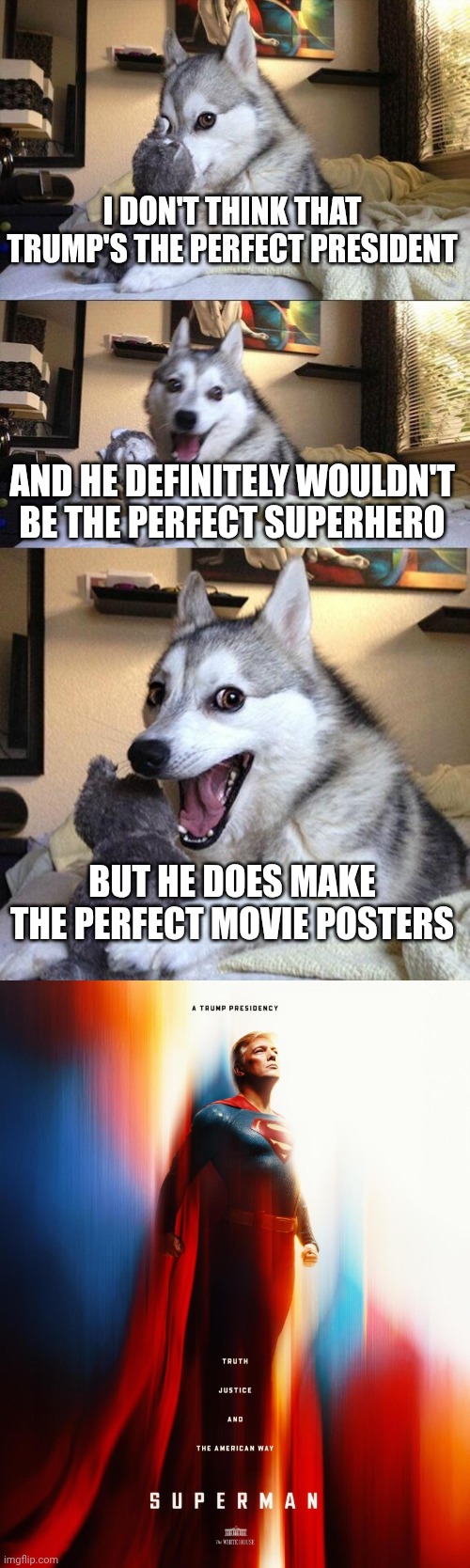 SuperTrump | I DON'T THINK THAT TRUMP'S THE PERFECT PRESIDENT; AND HE DEFINITELY WOULDN'T BE THE PERFECT SUPERHERO; BUT HE DOES MAKE THE PERFECT MOVIE POSTERS | image tagged in memes,bad pun dog,superman | made w/ Imgflip meme maker