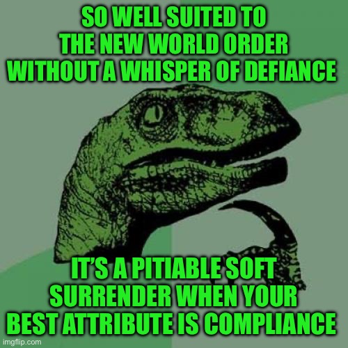 Philosoraptor | SO WELL SUITED TO THE NEW WORLD ORDER WITHOUT A WHISPER OF DEFIANCE; IT’S A PITIABLE SOFT SURRENDER WHEN YOUR BEST ATTRIBUTE IS COMPLIANCE | image tagged in memes,philosoraptor | made w/ Imgflip meme maker