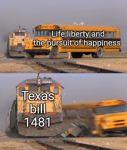 This is too far tho ? | Life liberty and the pursuit of happiness; Texas bill 1481 | image tagged in a train hitting a school bus,school,america,high school,declaration of independence,middle school | made w/ Imgflip meme maker