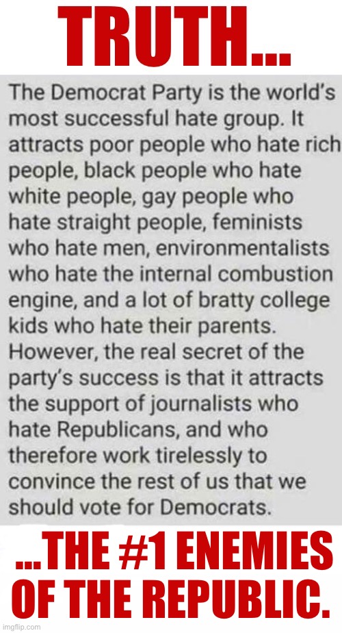 That pretty much sums it all up… | …THE #1 ENEMIES OF THE REPUBLIC. | image tagged in political meme,democrats,the most successful hate group | made w/ Imgflip meme maker