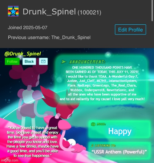 THANK YALL VERY MUCH!! | ONE HUNDRED THOUSAND POINTS HAVE BEEN EARNED AS OF TODAY, THIS JULY 11, 2025! I would like to thank TOAA, A-Wonderful-Day-7, Justee, Just_Cleff, MC941, InteractionSystem, Flare, RedLego, GreenLego, The_Real_Chara, Wubbox, Enderparrot8, RewriteSonic, and all the ones who have been supportive of me and to aid valiantly for my cause! I love yall very much! Happy; “USSR Anthem (Powerful)” | image tagged in yuuka of topic,blue archive,100k points,hundred grand | made w/ Imgflip meme maker