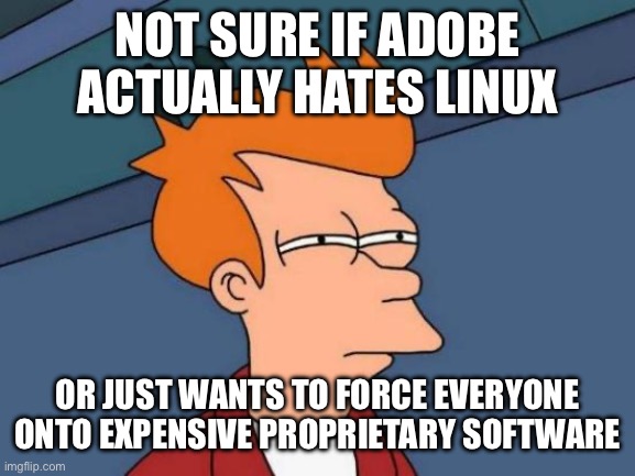 Futurama Fry | NOT SURE IF ADOBE ACTUALLY HATES LINUX; OR JUST WANTS TO FORCE EVERYONE ONTO EXPENSIVE PROPRIETARY SOFTWARE | image tagged in memes,futurama fry,linux,adobe,not sure if | made w/ Imgflip meme maker
