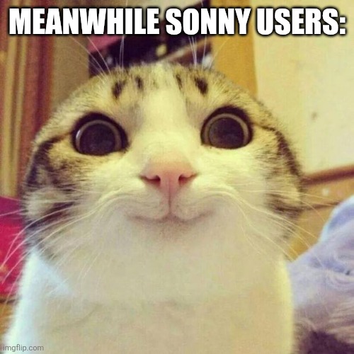 Smiling Cat Meme | MEANWHILE SONNY USERS: | image tagged in memes,smiling cat | made w/ Imgflip meme maker