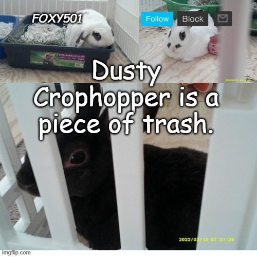Foxy501 announcement template | Dusty Crophopper is a piece of trash. | image tagged in foxy501 announcement template | made w/ Imgflip meme maker