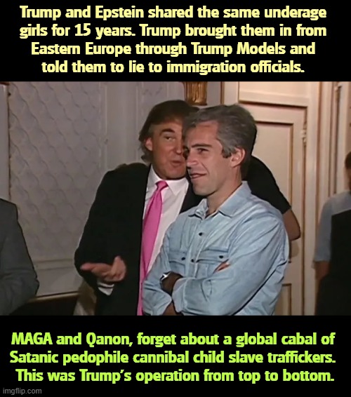 Feeling stupid about the conspiracy? Don't worry, Trump will never notice you. | Trump and Epstein shared the same underage 
girls for 15 years. Trump brought them in from 
Eastern Europe through Trump Models and 
told them to lie to immigration officials. MAGA and Qanon, forget about a global cabal of 
Satanic pedophile cannibal child slave traffickers. 
This was Trump's operation from top to bottom. | image tagged in trump and his 15-year business partner jeffrey epstein,trump,jeffrey epstein,models,orgy | made w/ Imgflip meme maker