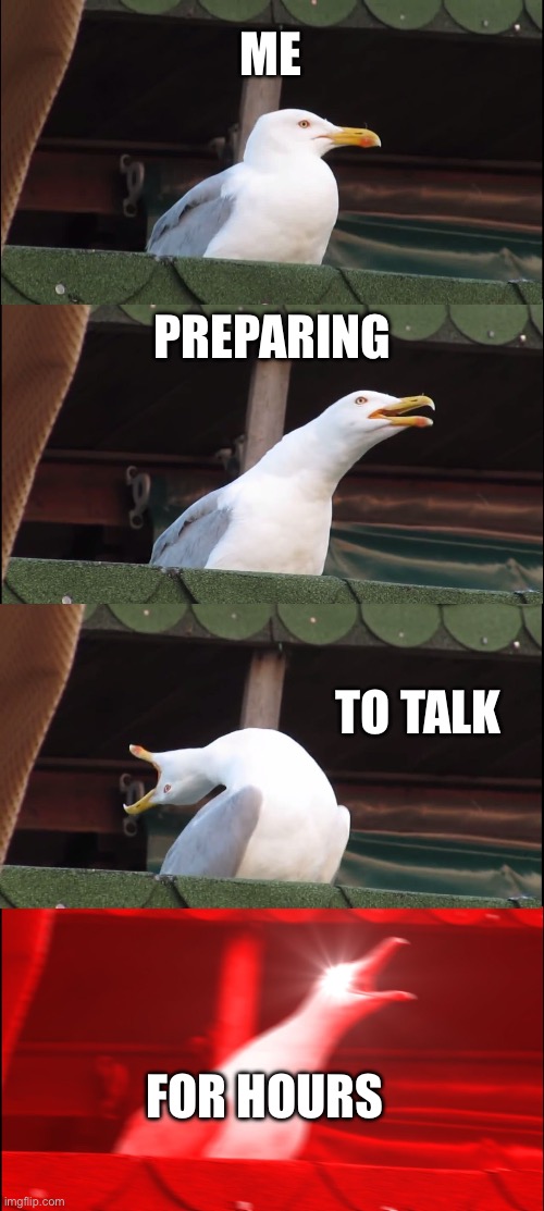 Inhaling Seagull | ME; PREPARING; TO TALK; FOR HOURS | image tagged in memes,inhaling seagull | made w/ Imgflip meme maker