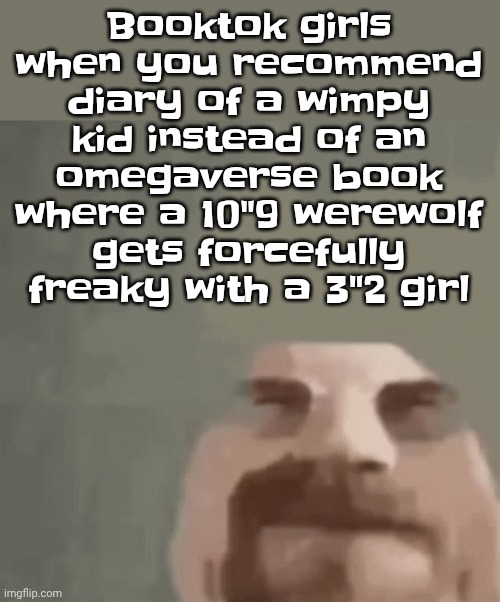 heisenburger | Booktok girls when you recommend diary of a wimpy kid instead of an omegaverse book where a 10"9 werewolf gets forcefully freaky with a 3"2 girl | image tagged in heisenburger | made w/ Imgflip meme maker