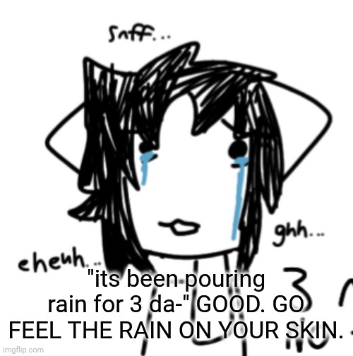 NO ONE ELSE CAN FEEL IT FOR YOU. | "its been pouring rain for 3 da-" GOOD. GO FEEL THE RAIN ON YOUR SKIN. | image tagged in eheuh snff ghh | made w/ Imgflip meme maker