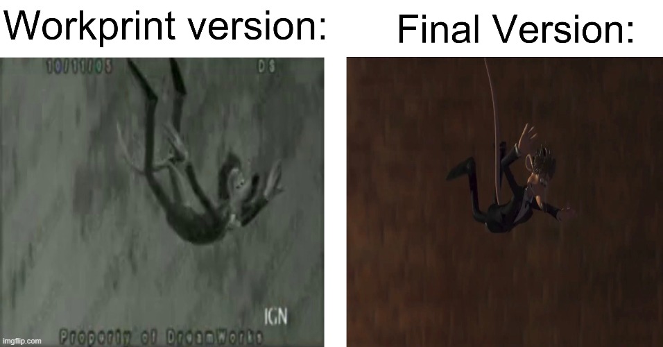 different unfinished shots roddy falls in the sewer in workprint ver: | image tagged in meme,dreamworks,flushed away,hugh jackman,aardman | made w/ Imgflip meme maker