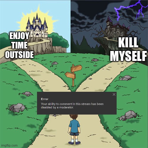 Two Paths | ENJOY TIME OUTSIDE; KILL MYSELF | image tagged in two paths | made w/ Imgflip meme maker