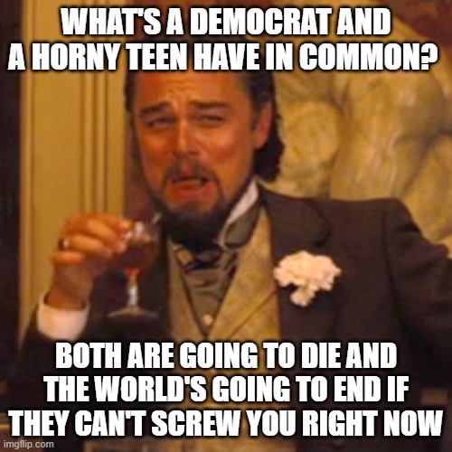 Laughing Leo | WHAT'S A DEMOCRAT AND A HORNY TEEN HAVE IN COMMON? BOTH ARE GOING TO DIE AND THE WORLD'S GOING TO END IF THEY CAN'T SCREW YOU RIGHT NOW | image tagged in memes,laughing leo | made w/ Imgflip meme maker