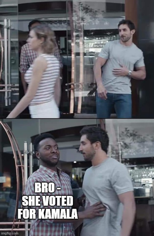 black guy stopping | BRO - SHE VOTED FOR KAMALA | image tagged in black guy stopping | made w/ Imgflip meme maker
