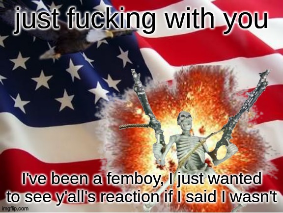 AMERICA!!!!!!!!!!!!!!!!!!!!!!!!!! | just fucking with you; I've been a femboy, I just wanted to see y'all's reaction if I said I wasn't | image tagged in america | made w/ Imgflip meme maker