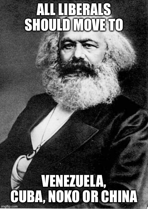 Karl Marx | ALL LIBERALS SHOULD MOVE TO VENEZUELA, CUBA, NOKO OR CHINA | image tagged in karl marx | made w/ Imgflip meme maker