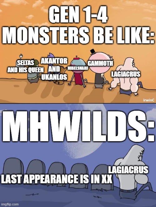 Skips Sitting Next To Graves | GEN 1-4 MONSTERS BE LIKE:; NIBELSNARF; GAMMOTH; AKANTOR AND UKANLOS; SELTAS AND HIS QUEEN; LAGIACRUS; MHWILDS:; LAGIACRUS; LAST APPEARANCE IS IN XX | image tagged in skips sitting next to graves,monster hunter | made w/ Imgflip meme maker