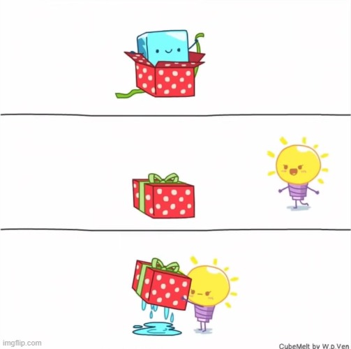 image tagged in ice cube,present,light bulb,melting,water,soggy | made w/ Imgflip meme maker