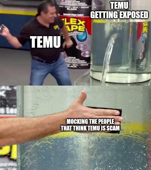 Flex Tape | TEMU GETTING EXPOSED; TEMU; MOCKING THE PEOPLE THAT THINK TEMU IS SCAM | image tagged in flex tape | made w/ Imgflip meme maker