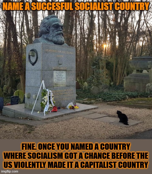 This #lolcat wonders why there are no succesful socialist countries | NAME A SUCCESFUL SOCIALIST COUNTRY; FINE. ONCE YOU NAMED A COUNTRY WHERE SOCIALISM GOT A CHANCE BEFORE THE US VIOLENTLY MADE IT A CAPITALIST COUNTRY | image tagged in socialism,capitalism,imperialism,united states,lolcat | made w/ Imgflip meme maker