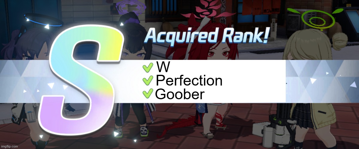 Blue Archive S-rank | W Perfection Goober | image tagged in blue archive s-rank | made w/ Imgflip meme maker