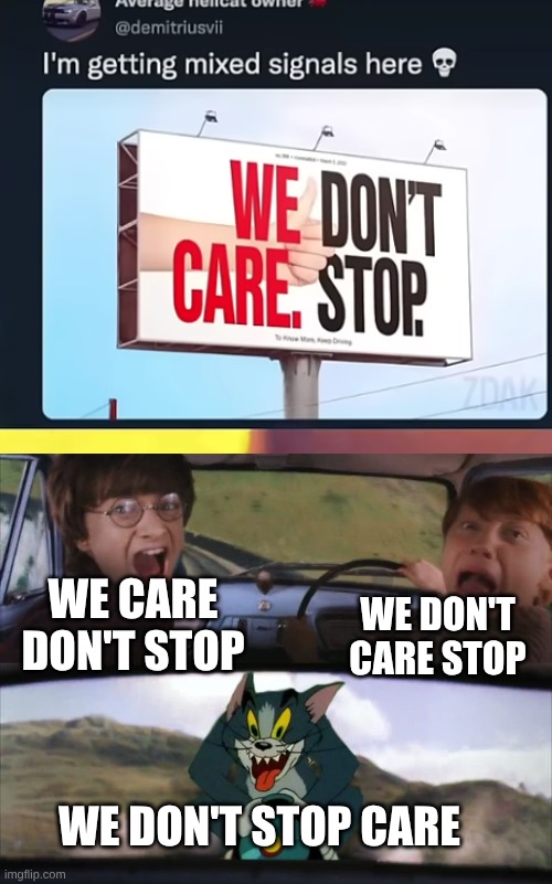 tom and harry potter | WE DON'T CARE STOP; WE CARE DON'T STOP; WE DON'T STOP CARE | image tagged in tom and harry potter | made w/ Imgflip meme maker