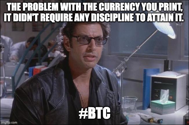 Dr. Ian Malcom (Jeff Goldblum) | THE PROBLEM WITH THE CURRENCY YOU PRINT, IT DIDN'T REQUIRE ANY DISCIPLINE TO ATTAIN IT. #BTC | image tagged in dr ian malcom jeff goldblum | made w/ Imgflip meme maker