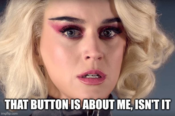 Katy Perry | THAT BUTTON IS ABOUT ME, ISN'T IT | image tagged in katy perry | made w/ Imgflip meme maker