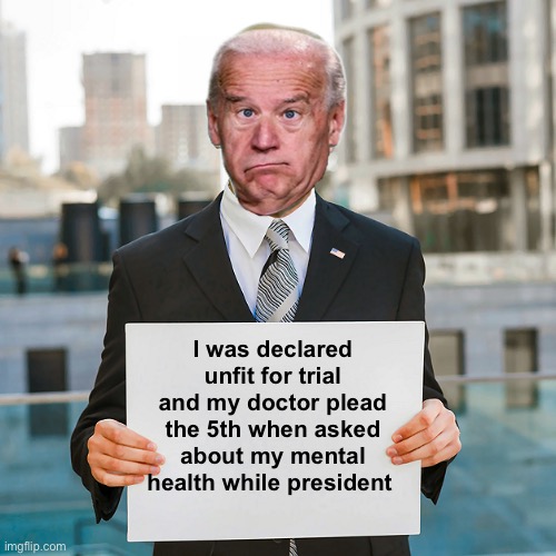 President autopen | I was declared unfit for trial and my doctor plead the 5th when asked about my mental health while president | image tagged in joe biden blank sign,politics lol,memes | made w/ Imgflip meme maker