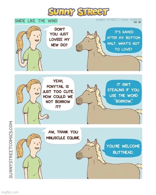 image tagged in comics,sunny street,ponytail | made w/ Imgflip meme maker