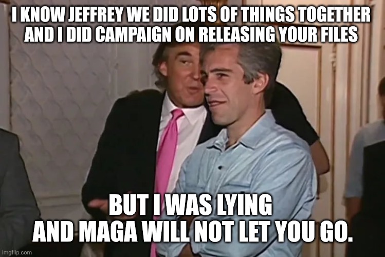 Trump and his 15-year business partner, Jeffrey Epstein. | I KNOW JEFFREY WE DID LOTS OF THINGS TOGETHER 
AND I DID CAMPAIGN ON RELEASING YOUR FILES BUT I WAS LYING 
AND MAGA WILL NOT LET YOU GO. | image tagged in trump and his 15-year business partner jeffrey epstein | made w/ Imgflip meme maker