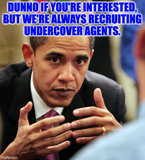DUNNO IF YOU'RE INTERESTED,
BUT WE'RE ALWAYS RECRUITING
UNDERCOVER AGENTS. | made w/ Imgflip meme maker