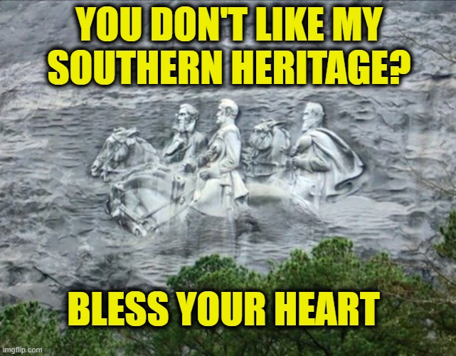 Dixie forever! | YOU DON'T LIKE MY
SOUTHERN HERITAGE? BLESS YOUR HEART | image tagged in southern pride | made w/ Imgflip meme maker