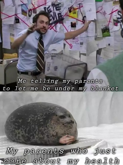 It happens to most likely everyone | Me telling my parents to let me be under my blanket; My parents who just care about my health | image tagged in man explaining to seal,memes,funny,parents,mental health | made w/ Imgflip meme maker
