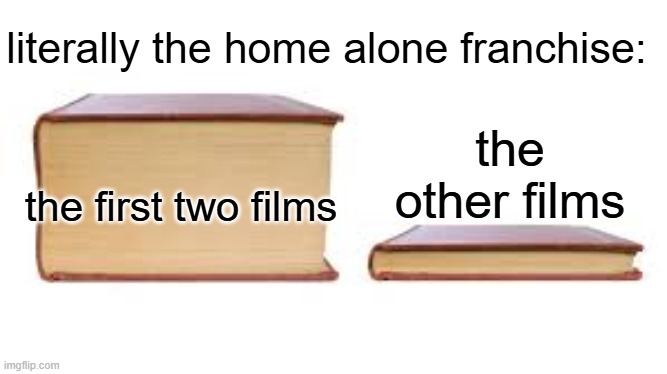 bro how did they mess up home alone so badly? (crying and praying) | literally the home alone franchise:; the other films; the first two films | image tagged in big book small book,funny,memes,home alone,fr tho,franchise | made w/ Imgflip meme maker