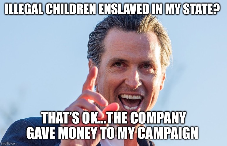 Insane Idiot Gavin Newsom | ILLEGAL CHILDREN ENSLAVED IN MY STATE? THAT’S OK…THE COMPANY GAVE MONEY TO MY CAMPAIGN | image tagged in insane idiot gavin newsom,politics,political meme,government,government corruption | made w/ Imgflip meme maker