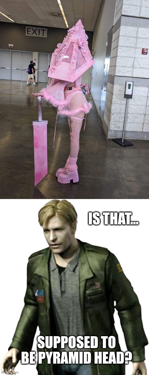PYRAMID HEAD'S SISTER? | IS THAT... SUPPOSED TO BE PYRAMID HEAD? | image tagged in silent hill,cosplay | made w/ Imgflip meme maker