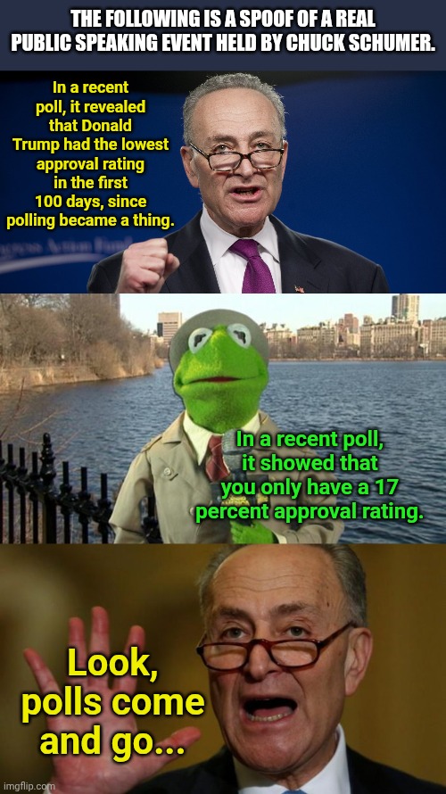 THE FOLLOWING IS A SPOOF OF A REAL PUBLIC SPEAKING EVENT HELD BY CHUCK SCHUMER. In a recent poll, it revealed that Donald Trump had the lowest approval rating in the first 100 days, since polling became a thing. In a recent poll, it showed that you only have a 17 percent approval rating. Look, polls come and go... | image tagged in chuck schumer,kermit news report | made w/ Imgflip meme maker