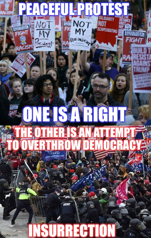 Protest vs Jan 6 | PEACEFUL PROTEST; ONE IS A RIGHT; THE OTHER IS AN ATTEMPT TO OVERTHROW DEMOCRACY; INSURRECTION | made w/ Imgflip meme maker
