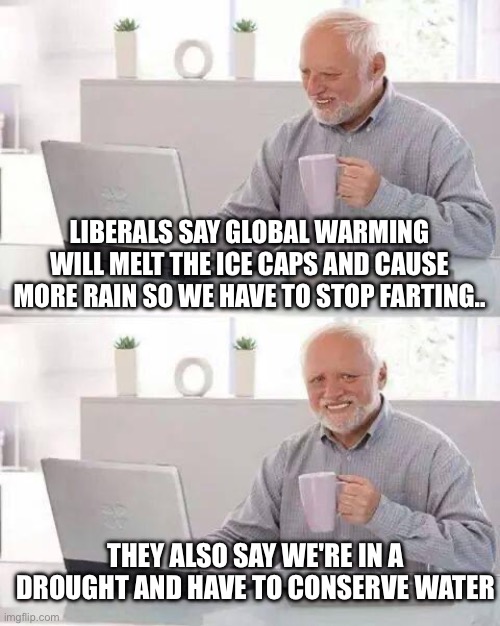 You are now free to fart around the planet | LIBERALS SAY GLOBAL WARMING WILL MELT THE ICE CAPS AND CAUSE MORE RAIN SO WE HAVE TO STOP FARTING.. THEY ALSO SAY WE'RE IN A DROUGHT AND HAVE TO CONSERVE WATER | image tagged in memes,hide the pain harold | made w/ Imgflip meme maker