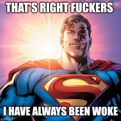 Superman Smiling | THAT'S RIGHT FUCKERS; I HAVE ALWAYS BEEN WOKE | image tagged in superman smiling | made w/ Imgflip meme maker