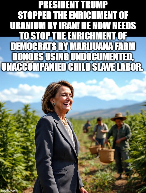 Uranium and Democrat enrichment must stop! | PRESIDENT TRUMP STOPPED THE ENRICHMENT OF URANIUM BY IRAN! HE NOW NEEDS TO STOP THE ENRICHMENT OF DEMOCRATS BY MARIJUANA FARM DONORS USING UNDOCUMENTED, UNACCOMPANIED CHILD SLAVE LABOR. | image tagged in uranium,slaves,sam elliott special kind of stupid | made w/ Imgflip meme maker