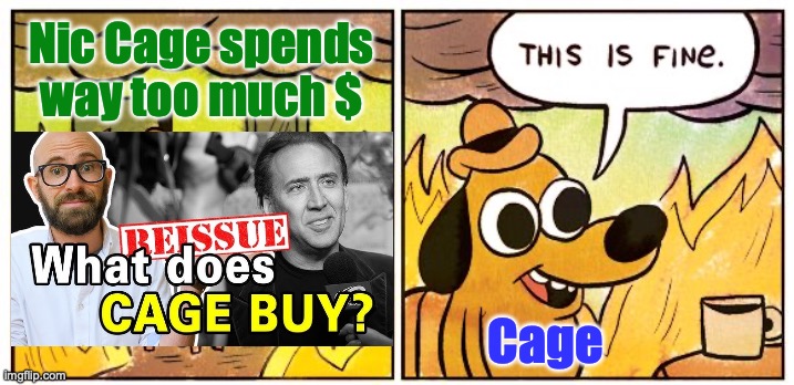 Check out the hilarious Today I Found Out vid about this, that's how I found out about it | Nic Cage spends way too much $; Cage | image tagged in memes,this is fine,youtube,actors,money,stupid people | made w/ Imgflip meme maker