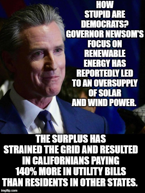 How stupid are democrats? | HOW STUPID ARE DEMOCRATS? GOVERNOR NEWSOM'S FOCUS ON RENEWABLE ENERGY HAS REPORTEDLY LED TO AN OVERSUPPLY OF SOLAR AND WIND POWER. THE SURPLUS HAS STRAINED THE GRID AND RESULTED IN CALIFORNIANS PAYING 140% MORE IN UTILITY BILLS THAN RESIDENTS IN OTHER STATES. | image tagged in sam elliott special kind of stupid | made w/ Imgflip meme maker