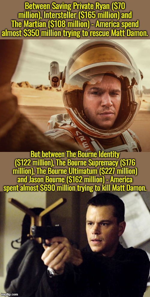 So tell us, what does America really think about Matt Damon? | Between Saving Private Ryan ($70 million), Intersteller ($165 million) and The Martian ($108 million) - America spend almost $350 million trying to rescue Matt Damon. But between The Bourne Identity ($122 million), The Bourne Supremacy ($176 million), The Bourne Ultimatum ($227 million) and Jason Bourne ($162 million) - America spent almost $690 million trying to kill Matt Damon. | image tagged in save matt damon,unalive matt damon | made w/ Imgflip meme maker