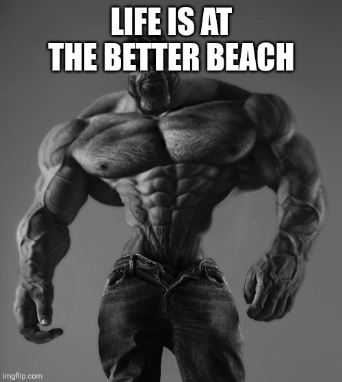 GigaChad | LIFE IS AT THE BETTER BEACH | image tagged in gigachad | made w/ Imgflip meme maker