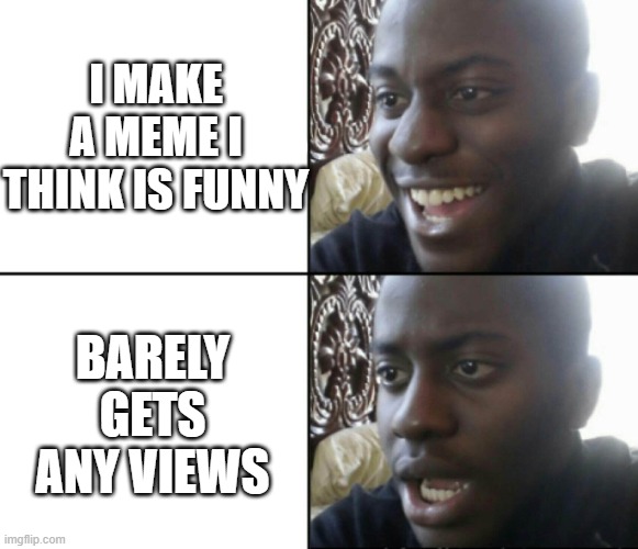Happy / Shock | I MAKE A MEME I THINK IS FUNNY; BARELY GETS ANY VIEWS | image tagged in happy / shock | made w/ Imgflip meme maker