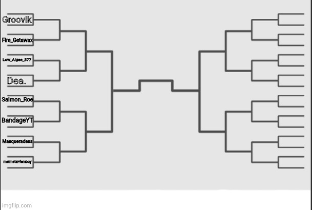 Art tournament 8 spots left {important detail in comment} | Groovik; Fire_Getawax; Low_Algae_377; Dea. Salmon_Roe; BandageYT; Masqueradess; melmetal-femboy | image tagged in art tournament | made w/ Imgflip meme maker