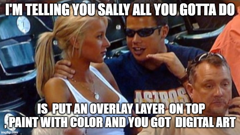 artists | I'M TELLING YOU SALLY ALL YOU GOTTA DO; IS  PUT AN OVERLAY LAYER  ON TOP , PAINT WITH COLOR AND YOU GOT  DIGITAL ART | image tagged in bro explaining | made w/ Imgflip meme maker