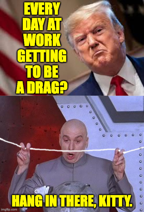 You can always retire. | EVERY
DAY AT
WORK
GETTING
TO BE
A DRAG? HANG IN THERE, KITTY. | image tagged in memes,dr evil laser,hang in there,trump | made w/ Imgflip meme maker