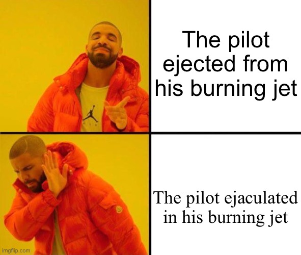 Reversed Drake [edit] | The pilot ejected from his burning jet; The pilot ejaculated in his burning jet | image tagged in reversed drake edit | made w/ Imgflip meme maker