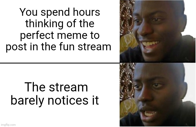 This sadly is the case for most memes, probably including this one. | You spend hours thinking of the perfect meme to post in the fun stream; The stream barely notices it | image tagged in disappointed black guy | made w/ Imgflip meme maker